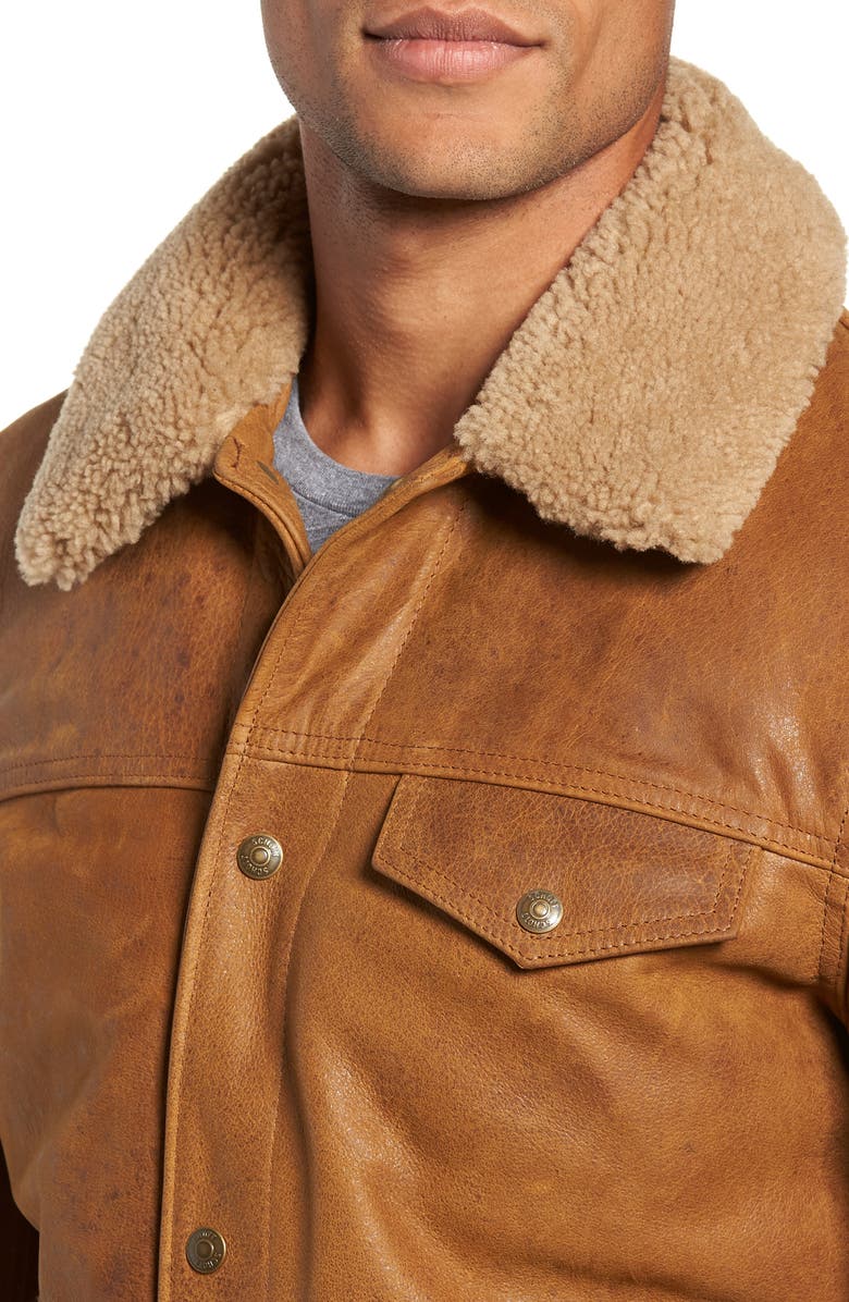 Schott NYC Leather Trucker Jacket with Genuine Sheepskin Collar, Alternate, color, Sycamore