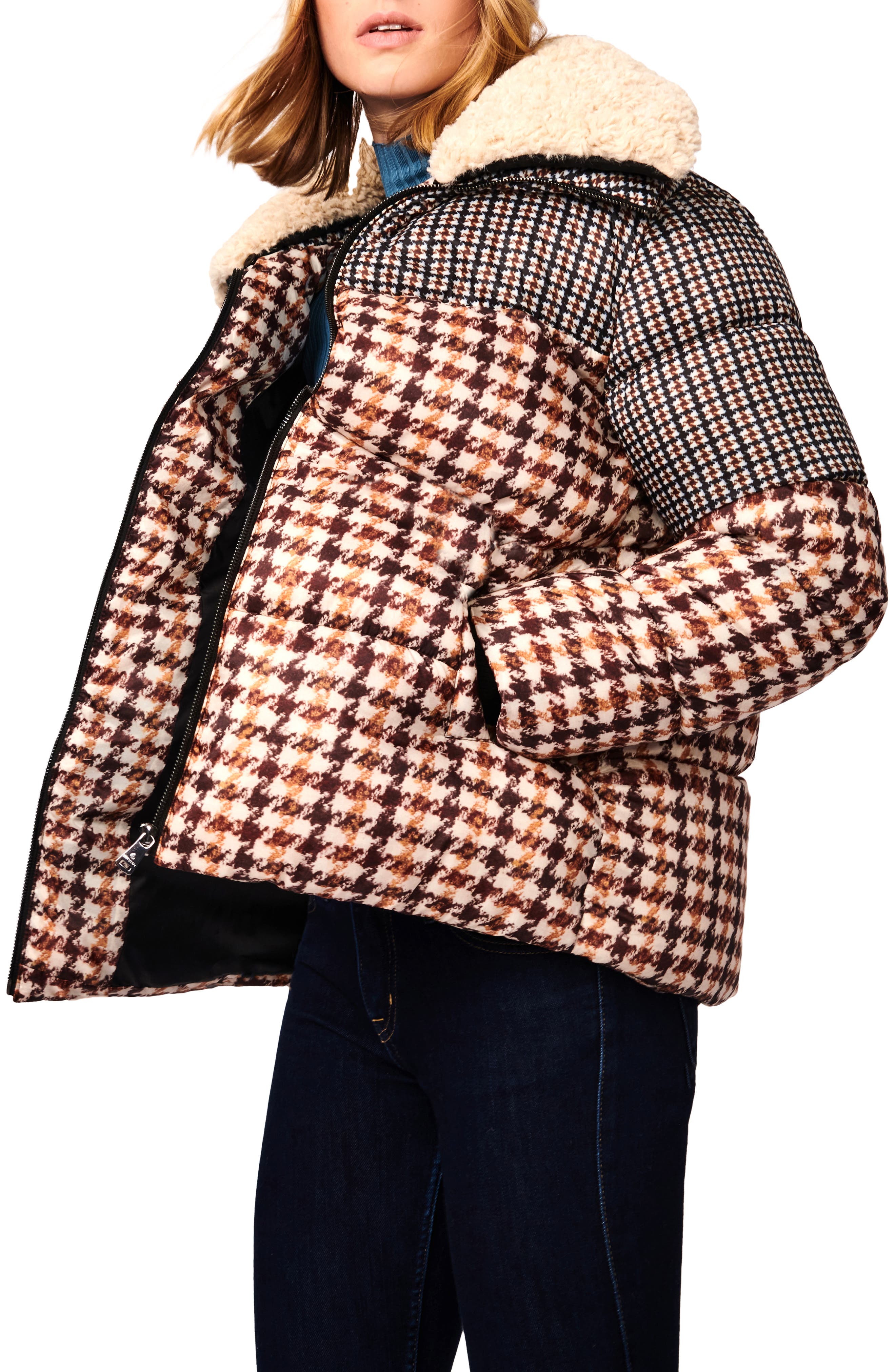 hooded houndstooth puffer jacket