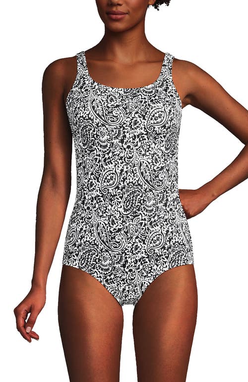 Shop Lands' End Scoop Neck Tugless Sporty One Piece Swimsuit In Black/white Decor Paisley