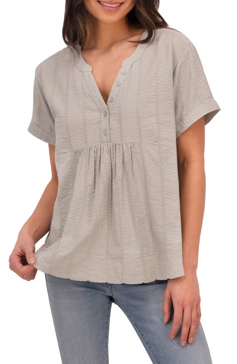 Lucky Brand Embroidered V-Neck Top - Women's Shirts/Blouses in Comfrey