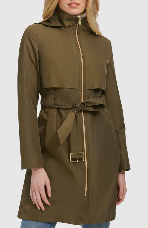 Shop Cole Haan Belted Travel Packable Hooded Rain Jacket In Olive