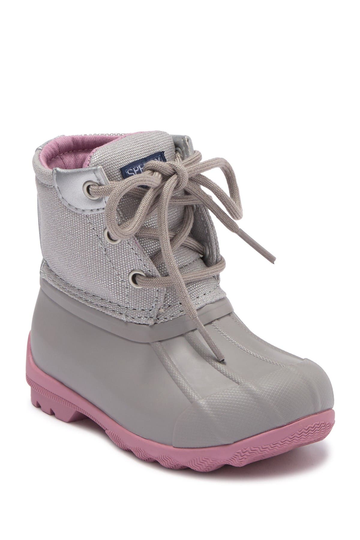 gray and pink sperry duck boots