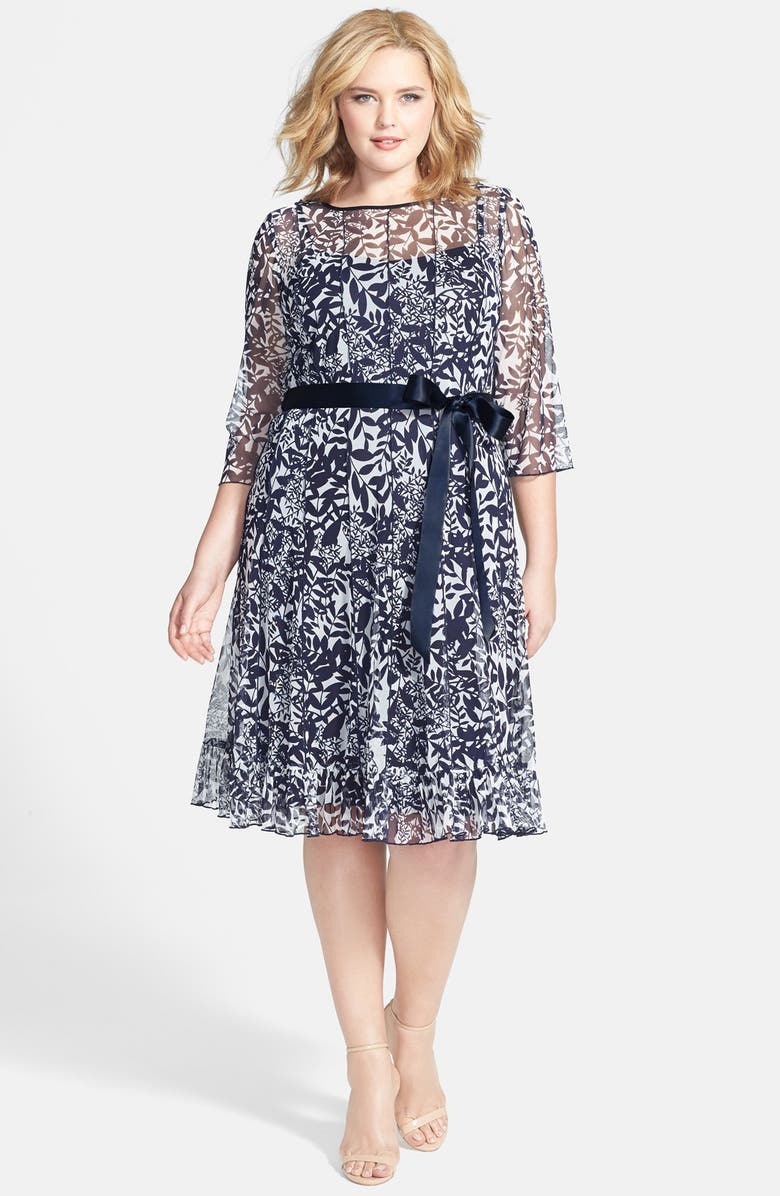 Jessica Howard Satin Sash Pintuck Print Dress (Plus Size) | Nordstrom