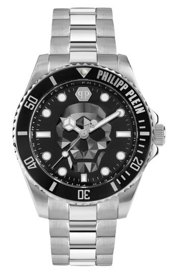 Philipp Plein The $kull Carbon Fiber Dial Bracelet Watch, 44mm In Silver/black