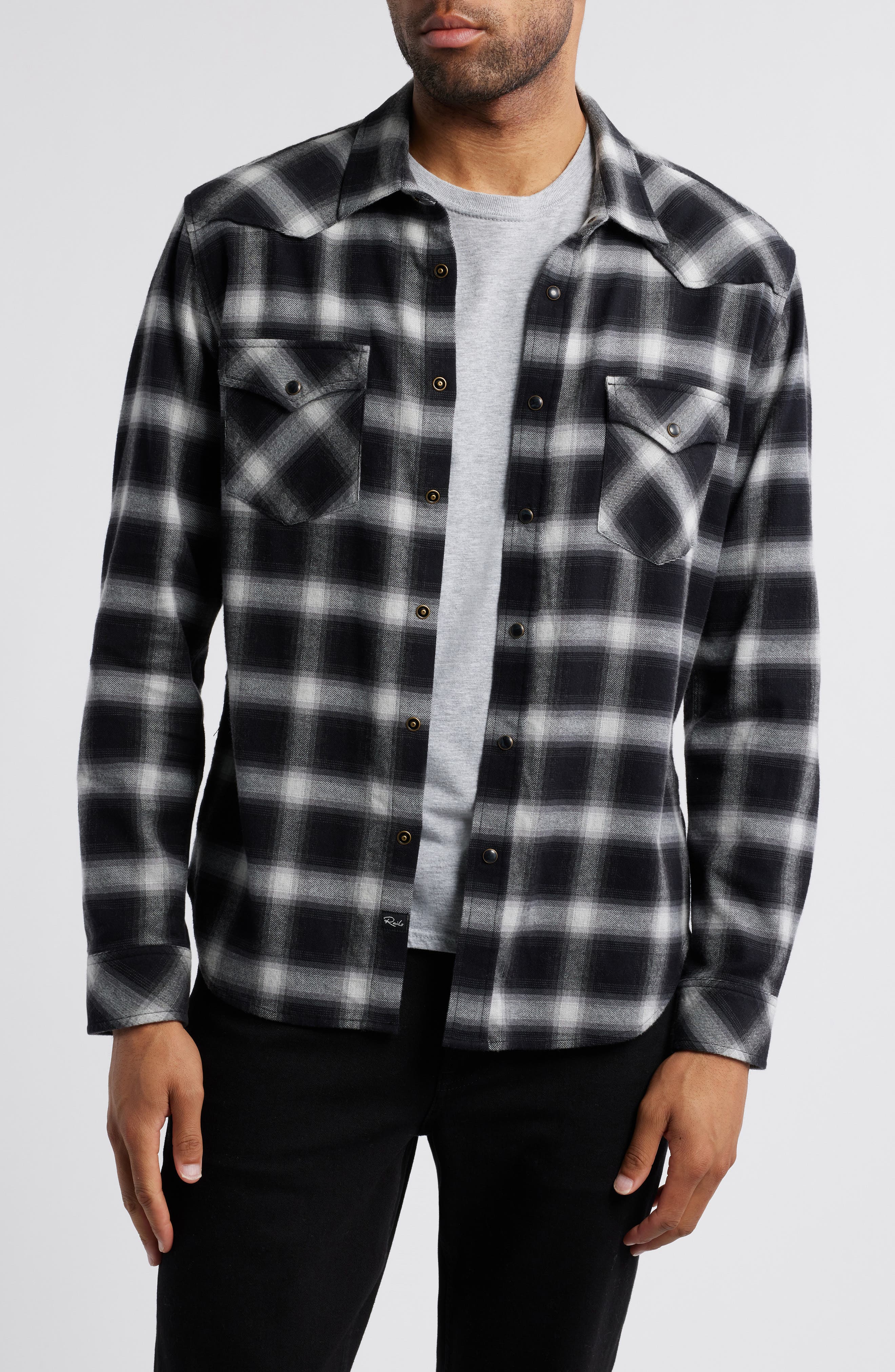 Rails Roy Relaxed Fit Plaid Stretch Cotton Snap-Up Shirt in Mirror Smoke 