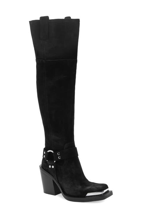  Hawkwell Women's Wide Calf Double Zipper Knee High Riding  Boots, Black PU, 6 M US
