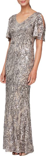 Alex Evenings Sequin Lace Cold Shoulder Trumpet Evening Gown