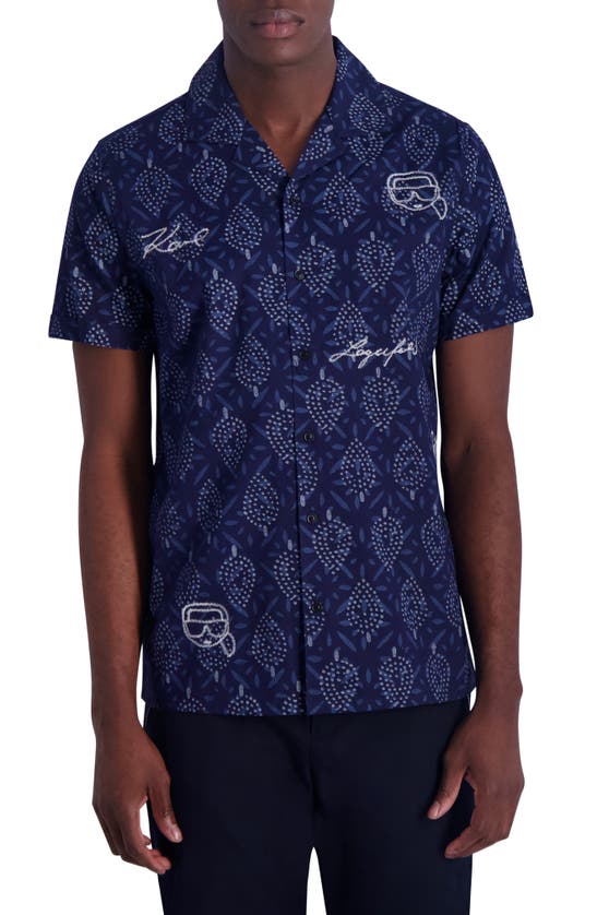 Karl Lagerfeld Leaf Print Cotton Short Sleeve Button-up Shirt In Blue Multi