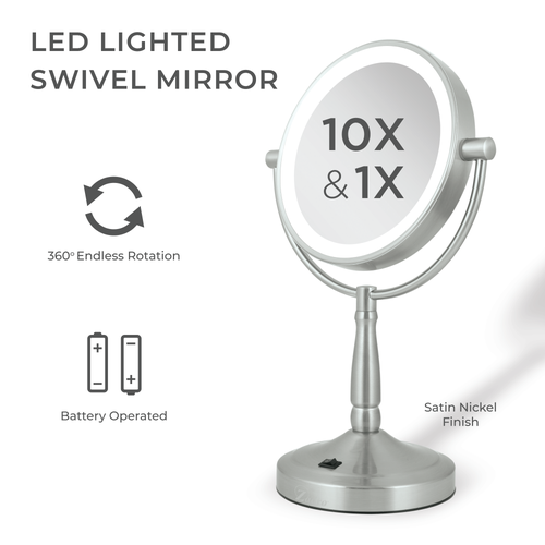 Zadro Lighted Makeup Mirror With 10x/1x Magnifications & Cordless In Satin Nickel