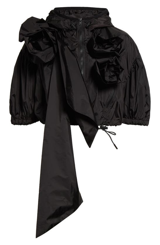 Shop Simone Rocha Floral Appliqué Hooded Puff Sleeve Crop Jacket In Black
