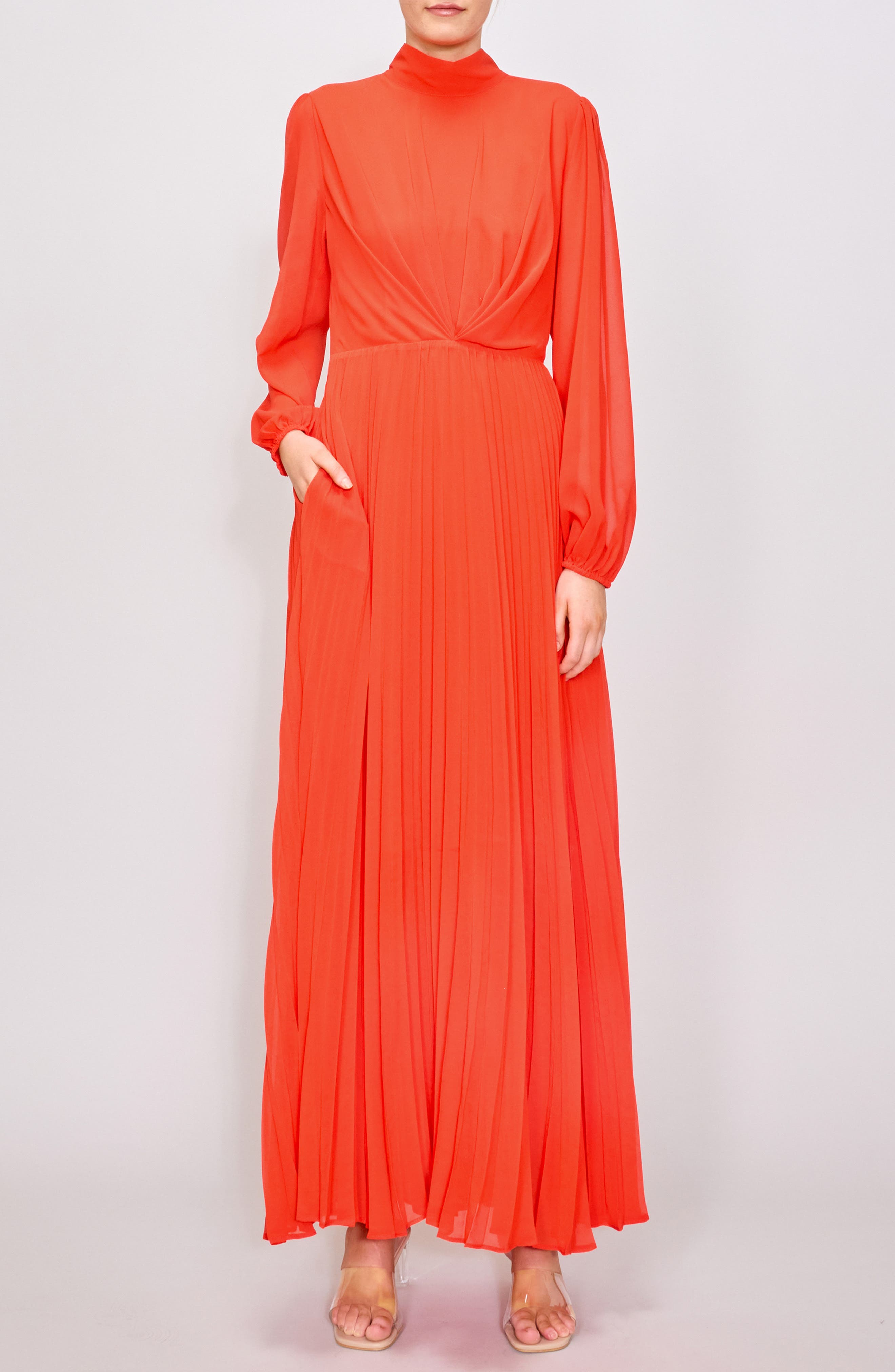 MELLODAY Pleated Long Sleeve Open Back Chiffon Maxi Dress in Red 