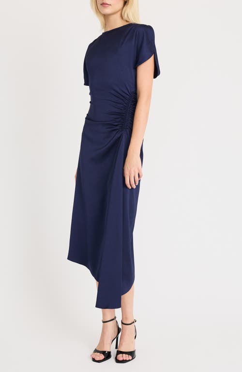 Shop Luxely Short Sleeve Asymmetric Draped Midi Dress In Inkling