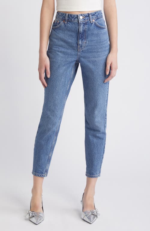 High Waist Tapered Mom Jeans in Mid Wash Blue