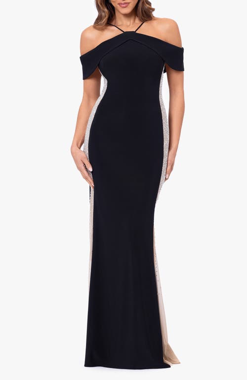 Xscape Evenings Faraj Side Beaded Cold Shoulder Gown Black Nude Silver at Nordstrom,