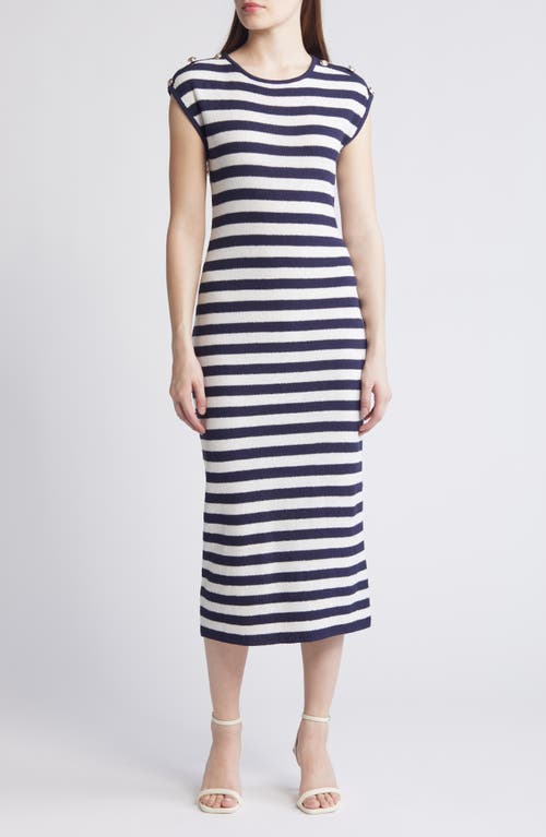 Shop Zoe And Claire Stripe Midi Sweater Dress In Navy/ivory