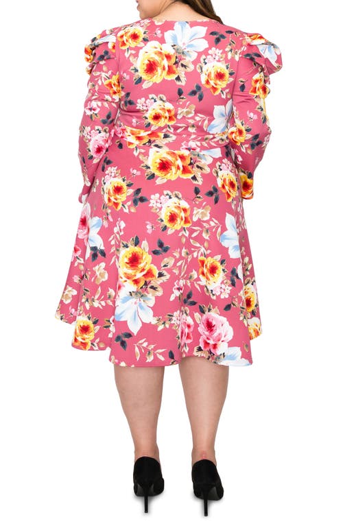 L I V D Floral Long Sleeve Knit Dress In Mauve Pink
