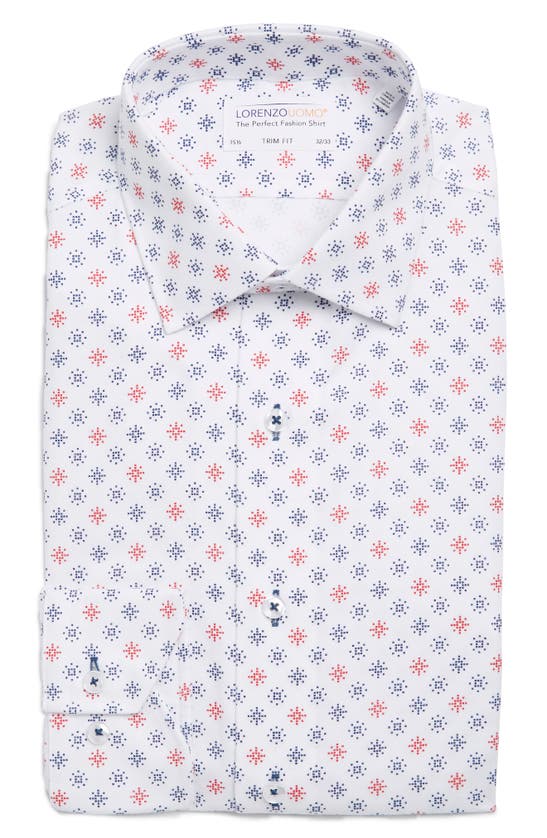 Lorenzo Uomo Printed Trim Fit Dress Shirt In White/ Blue/ Red