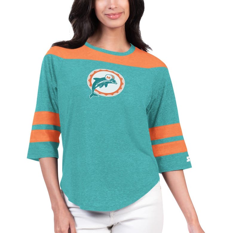 Shop Starter Aqua Miami Dolphins Fullback Tri-blend 3/4-sleeve T-shirt