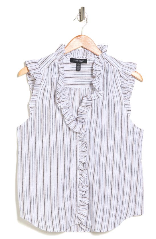 Ellen Tracy Ruffle Linen Blend Shirt In White/ Black Stripe