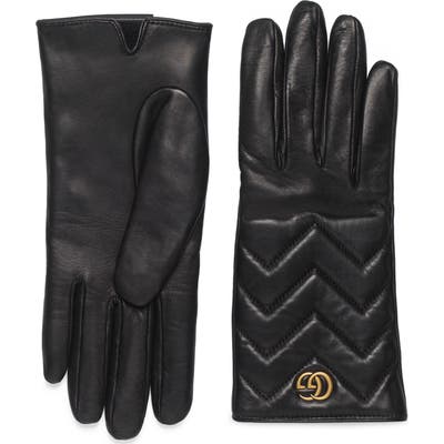 Gucci Gg Marmont Cashmere Lined Leather Gloves, Black