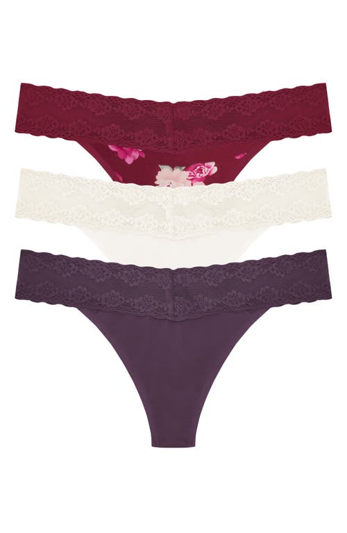 Shop Natori Bliss 3-pack Perfection Lace Trim Thongs In Verbena/ivory/cherry