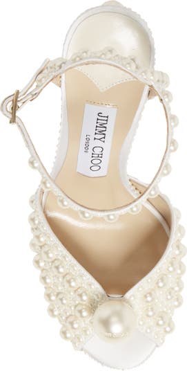 JIMMY CHOO Sacaria Pearl-Embellished Satin Platform Sandals