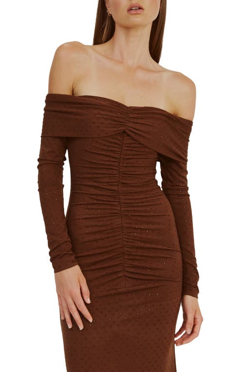 Shop Bardot Artura Diamante Off The Shoulder Long Sleeve Maxi Dress In Chocolate