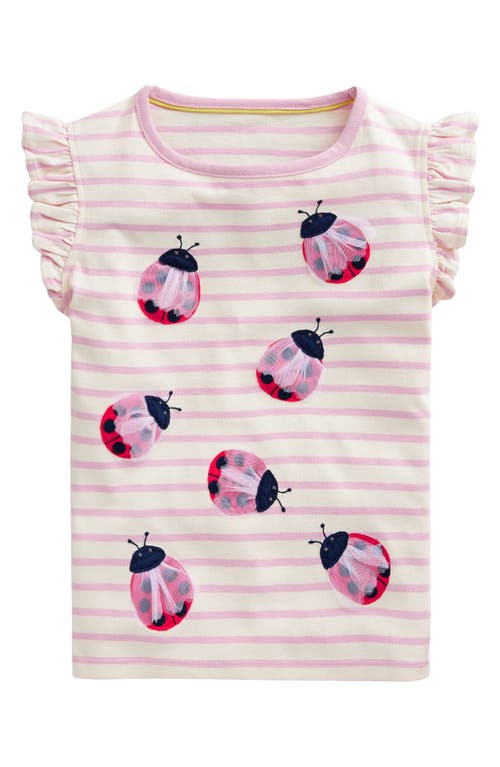 Mini Boden Kids' Appliqué Ladybug Flutter Sleeve Cotton T-shirt In Sugared Almond/vanilla Pod