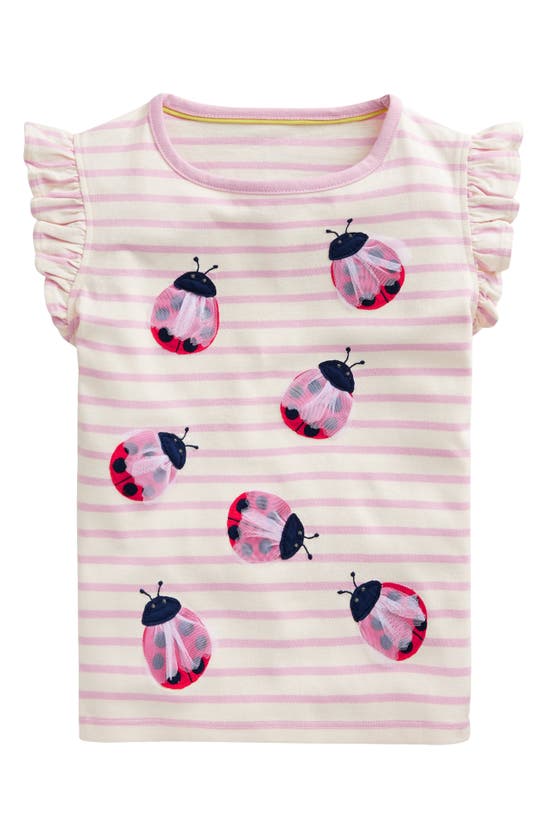 Shop Mini Boden Kids' Appliqué Ladybug Flutter Sleeve Cotton T-shirt In Sugared Almond/ Vanilla Pod