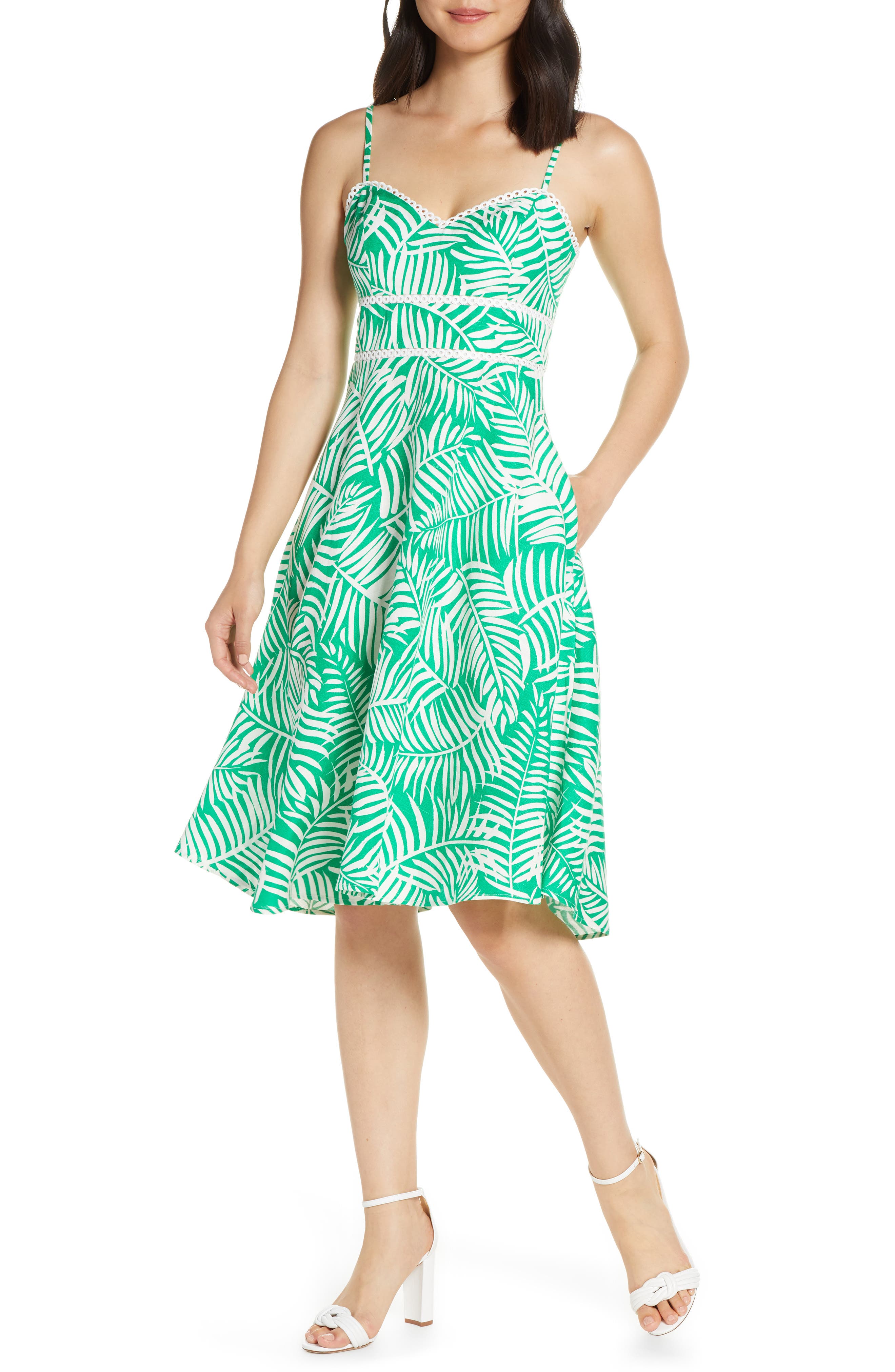 Eliza J Print Fit & Flare Dress, Green