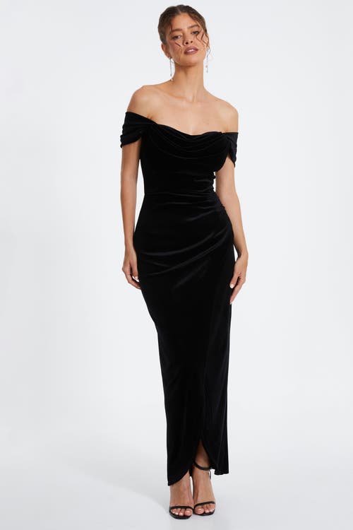 Shop Quiz Velvet Cowl Bardot Maxi Dress In Black