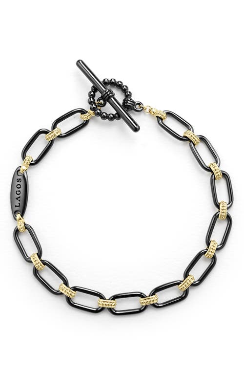 Lagos Signature Caviar Ceramic Link Bracelet In Black/gold