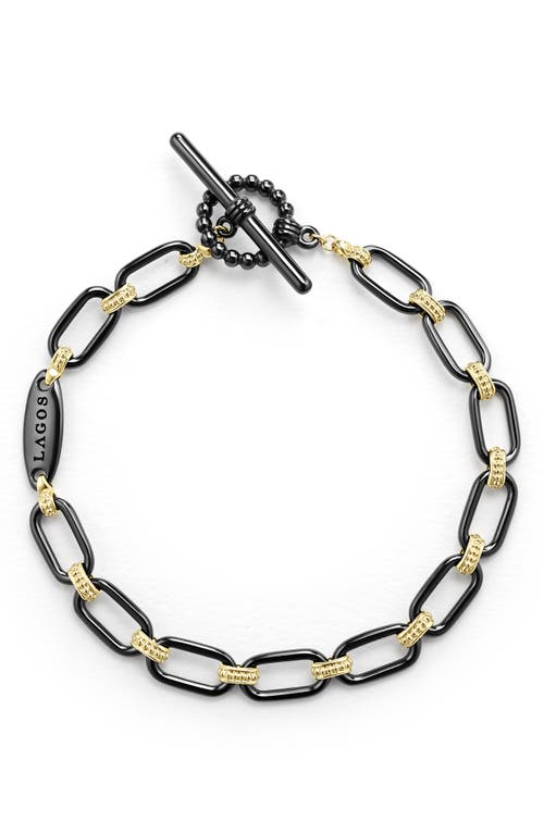 Shop Lagos Signature Caviar Ceramic Link Bracelet In Black/gold