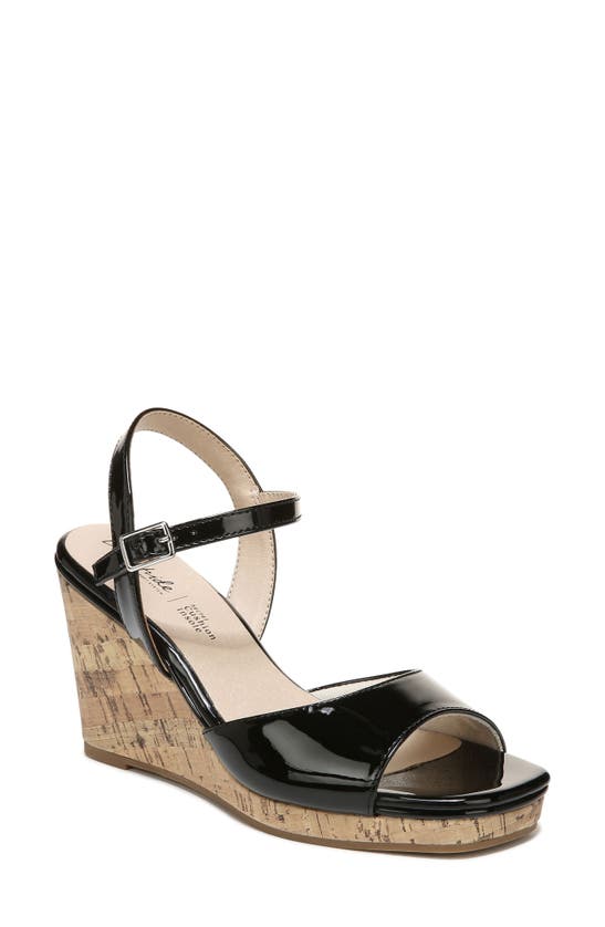 Lifestride Island Time Wedge Sandal In Black Faux Patent