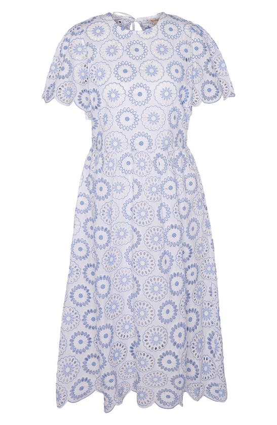 Shop Barbour Juliette Eyelet Embroidery Midi Dress In White/ Blue Mist