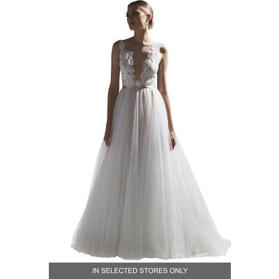 Watters Vervain V-Neck Lace & Tulle Ballgown Wedding Dress, Size IN STORE ONLY - Ivory