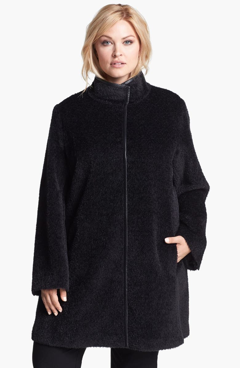 Eileen Fisher Leather Trim Alpaca Wool Blend Coat Plus