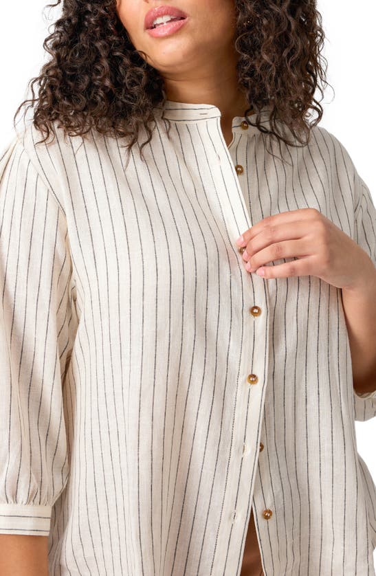 Sanctuary The Femme Pinstripe Linen Blend Button-up Shirt In Birch Stri