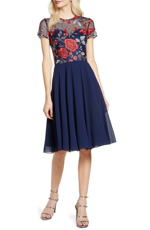 Chi Chi London Meryn Embroidered Chiffon Cocktail Dress in Navy at Nordstrom, Size 12