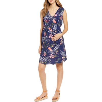 Angel Maternity Print Sleeveless Drawstring Maternity Dress, Blue