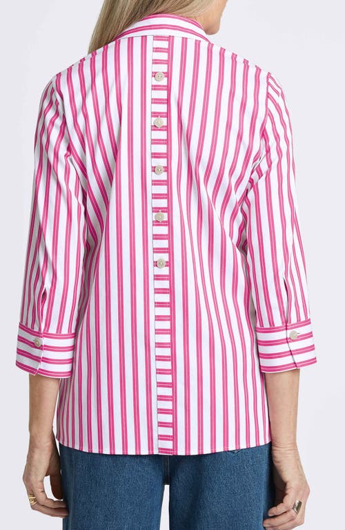 Shop Foxcroft Pamela Stripe Cotton Blend Tunic Shirt In Ruby Pink/white