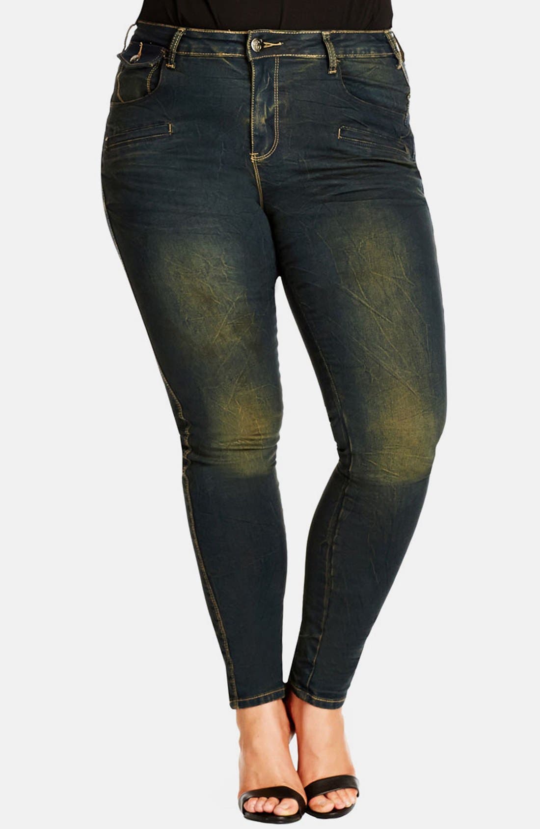 City Chic 'Grungy' Stretch Skinny Jeans (Dark Denim) (Plus Size