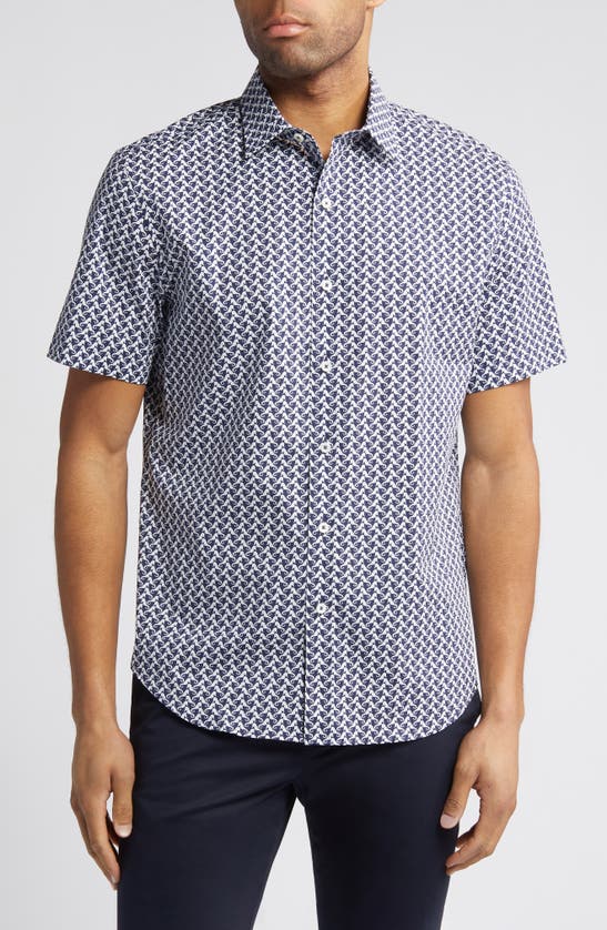 Shop Bugatchi Orson Seahorse Print Short Sleeve Stretch Cotton Button-up Shirt In Navy