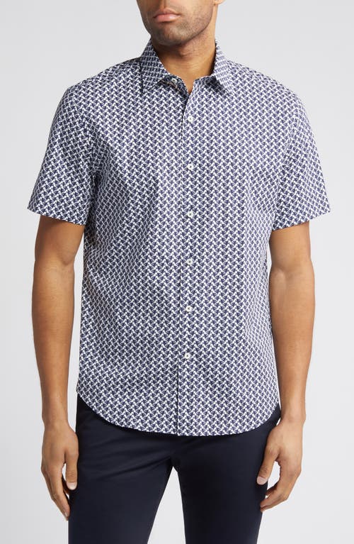 Bugatchi Orson Seahorse Print Short Sleeve Stretch Cotton Button-Up Shirt Navy at Nordstrom,