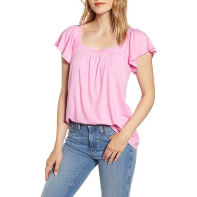 Petite Gibson X Hi Sugarplum! Malta Square Neck Ruffle Sleeve Cotton Blend Tee, Pink