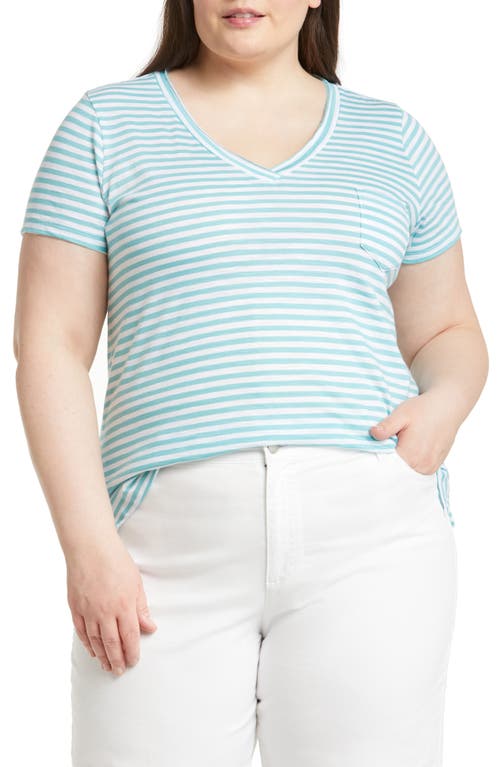 caslon(r) Short Sleeve V-Neck T-Shirt in Teal Shore-White Brooke Stripe