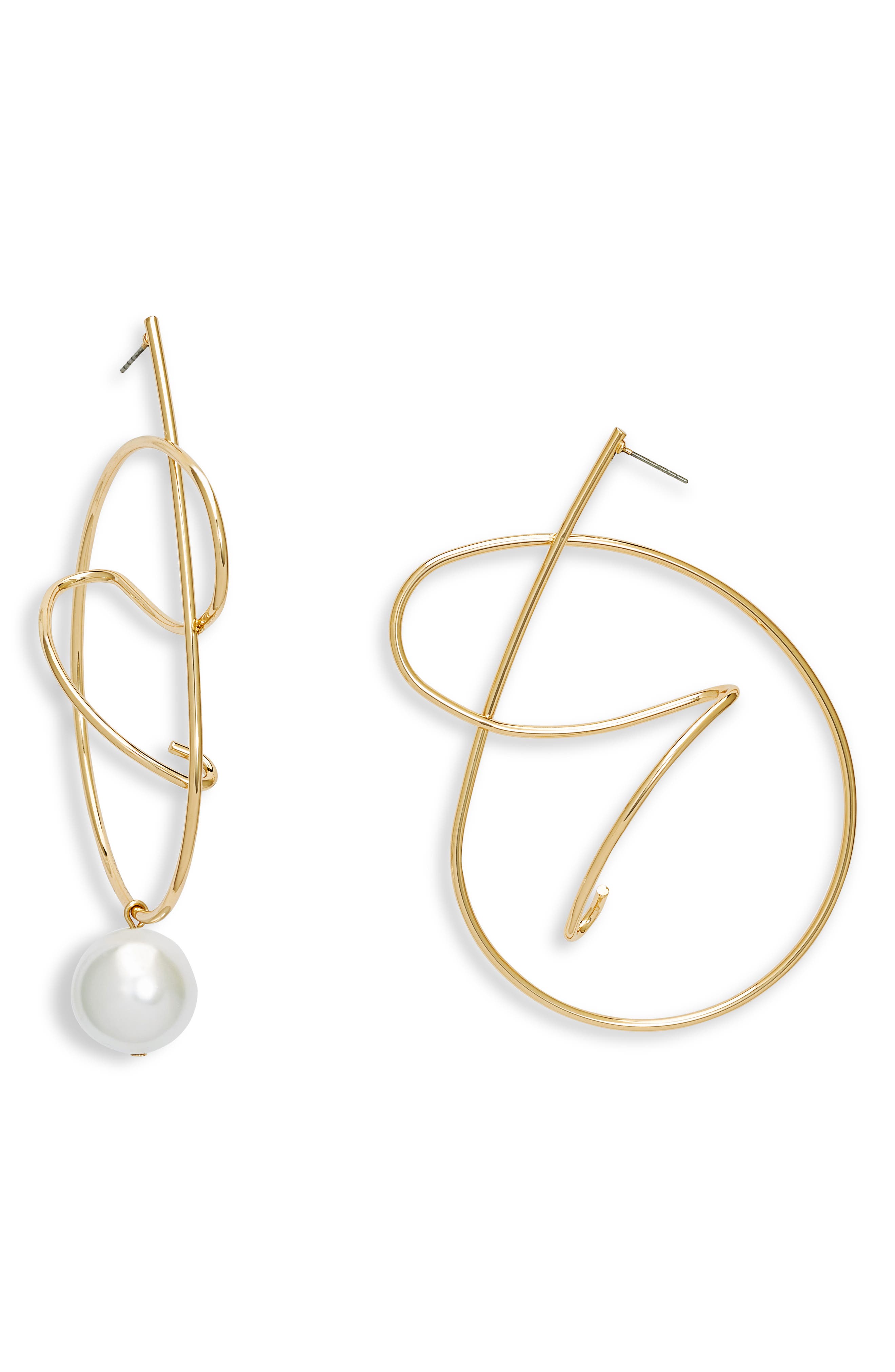 Open Edit Asymmetric Mismatched Imitation Pearl Statement Earrings in White- Rhodium