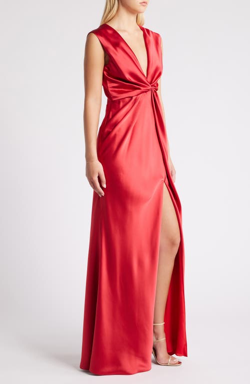 Shop Amsale Twist Front Satin V-neck Gown In Lipstick Red