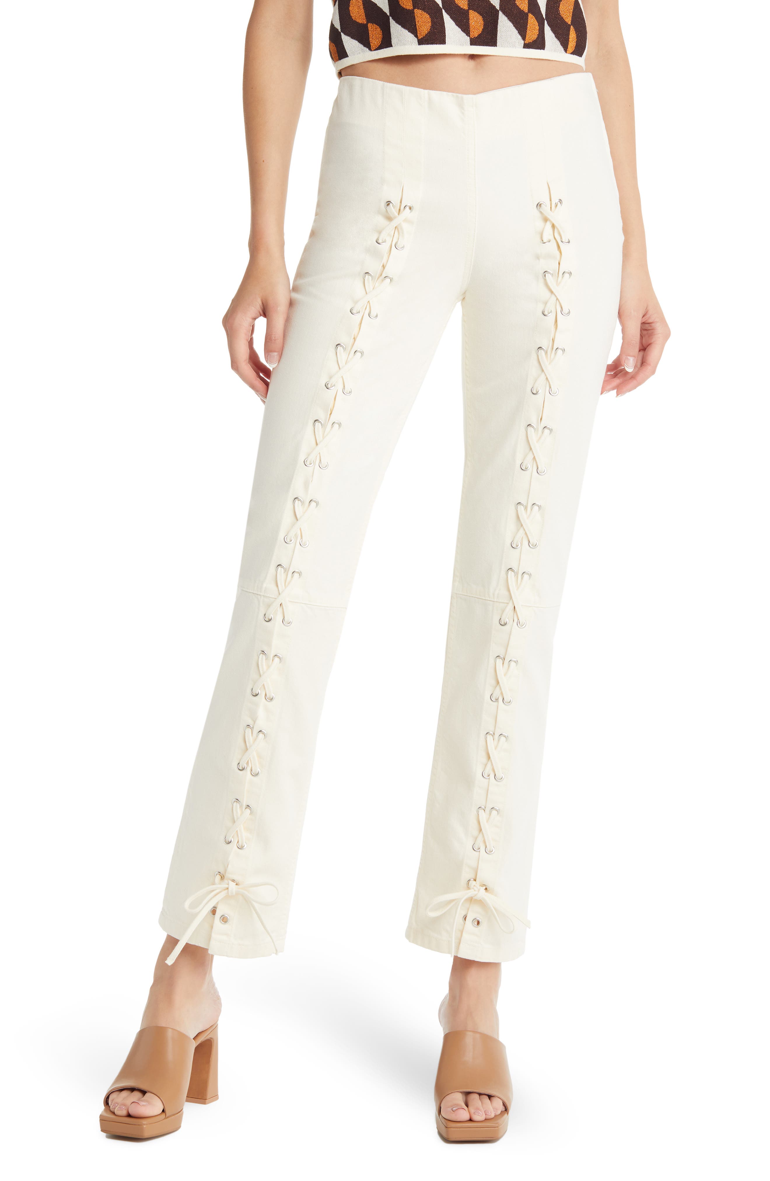 white lace up pants