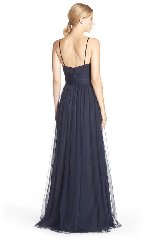 Shop Amsale Lace & Tulle Spaghetti Strap Gown In Navy